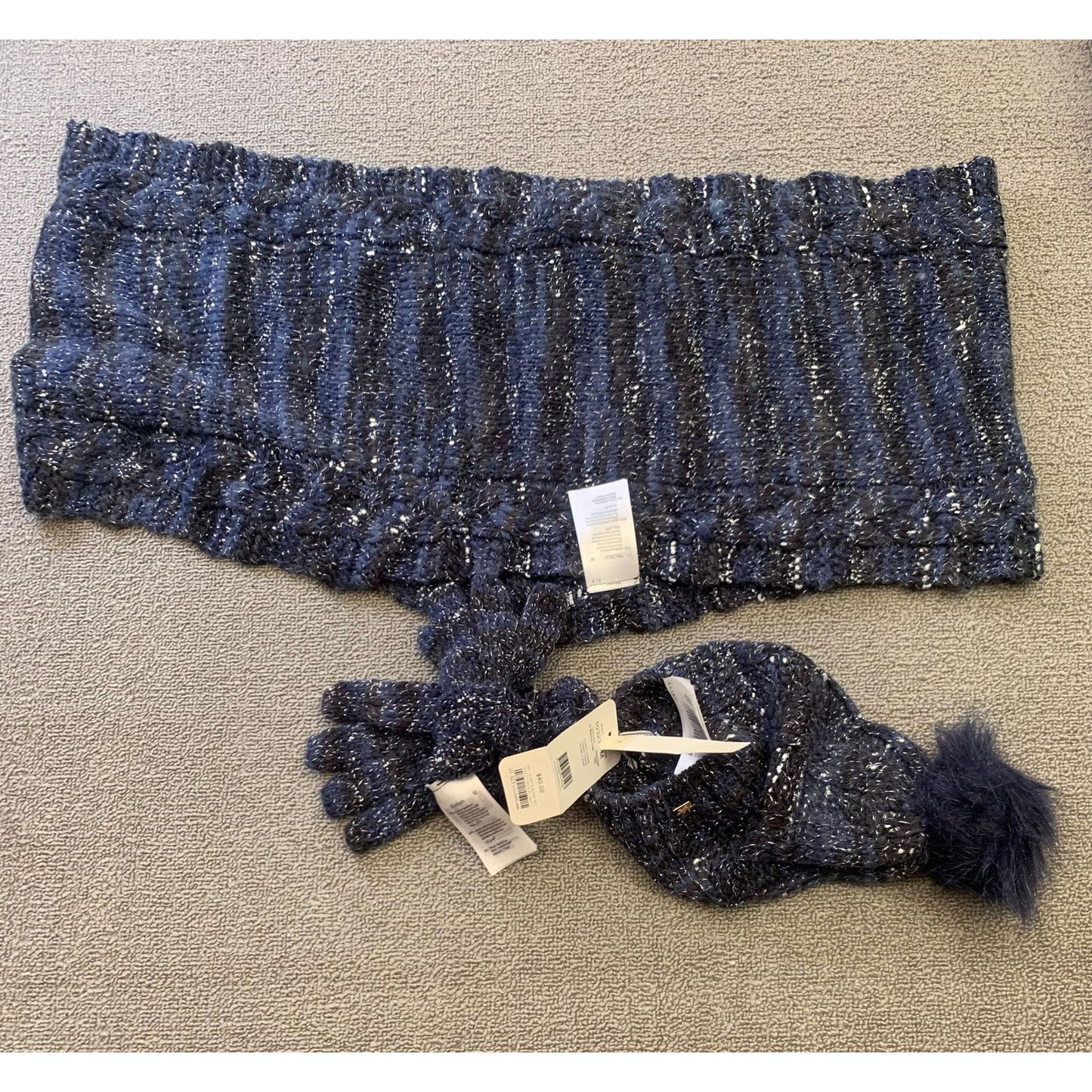 Mayoral Women Size M Navy Blue Metallic 3 in 1 Set Hat Scarf Gloves NWT