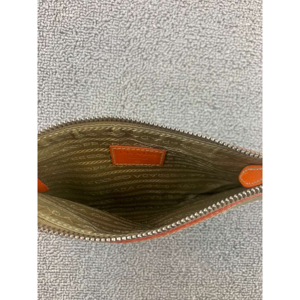Authentic Prada Jacquard Pouch in Brown/Beige Canvas and Orange Leather Rare