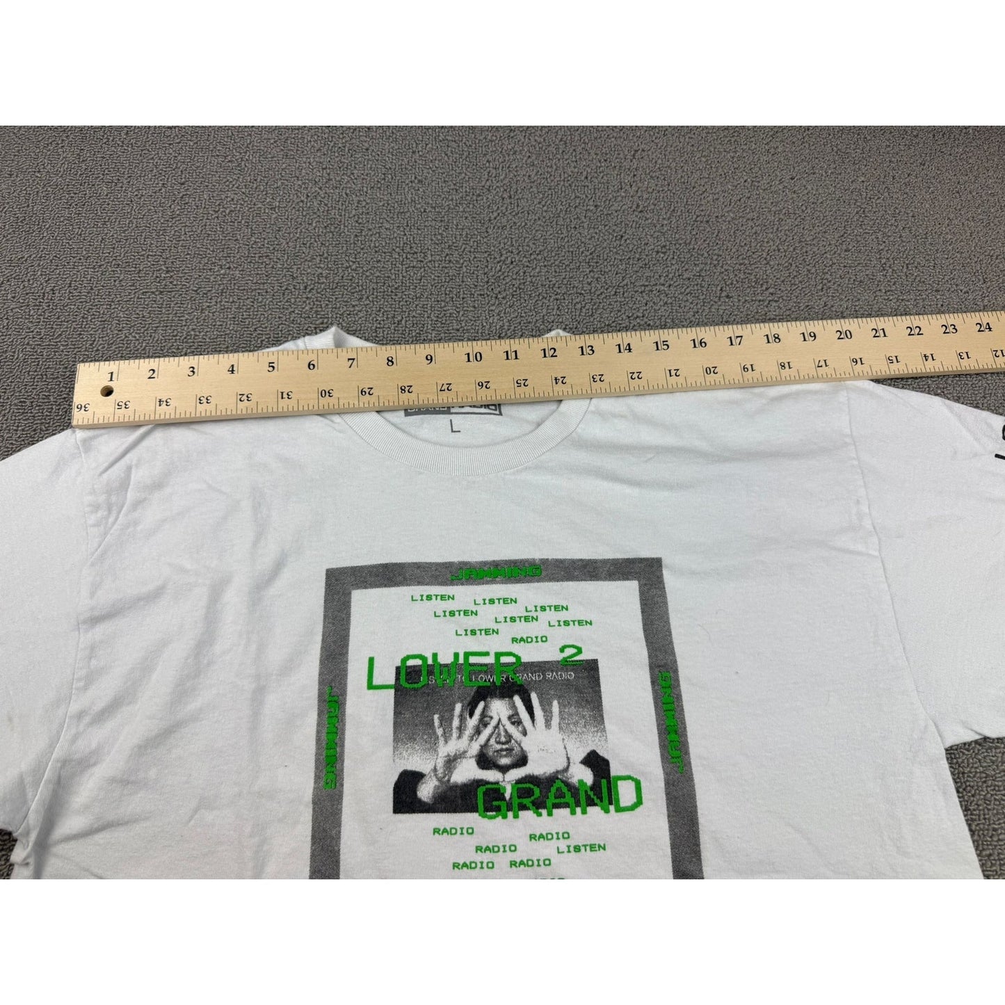 Lower Grand Radio Men's Large White Green Graphic Print Jamming Tshirt