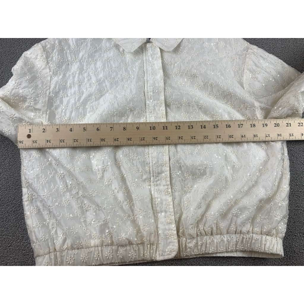 Zara Embroidered Jacket Kids13-14 Cream Floral Eyelet Bomber Elastic Hem