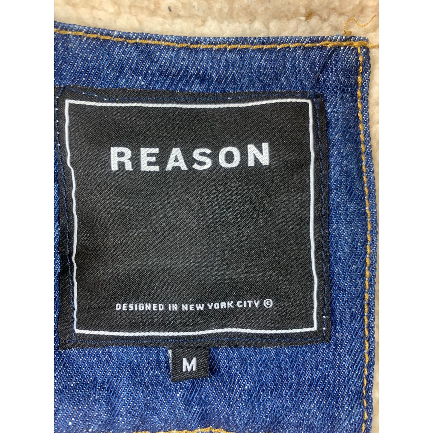 REASON NY Moto Sherpa Denim Jacket Men’s M Streetwear Embroidered Pin Up Roses