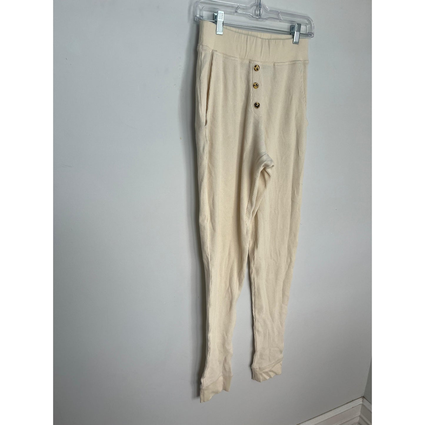 Donni Thermal Lounge Pants Women M Cream Button Front Ribbed Pull On