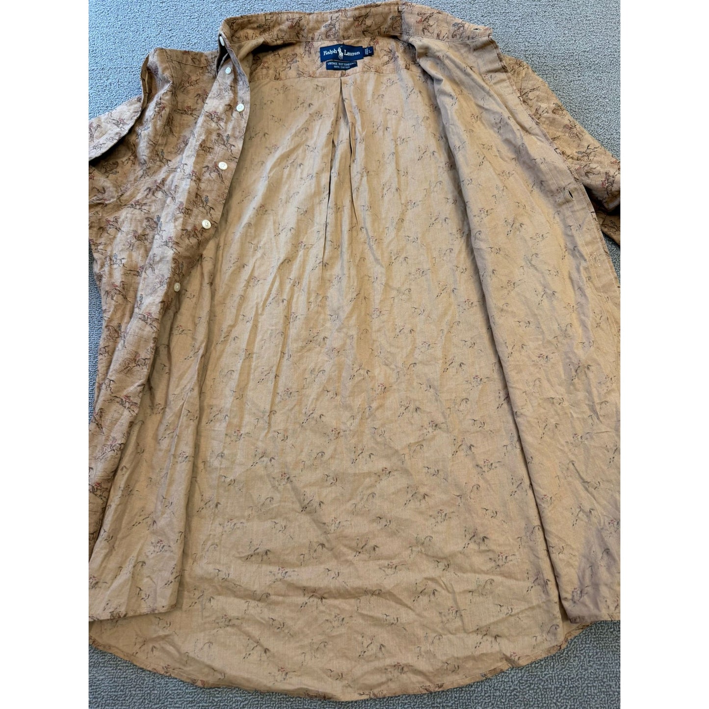 RALPH LAUREN Men's Button Down Shirt L Tan Brown Equestrian Horse Vintage Print