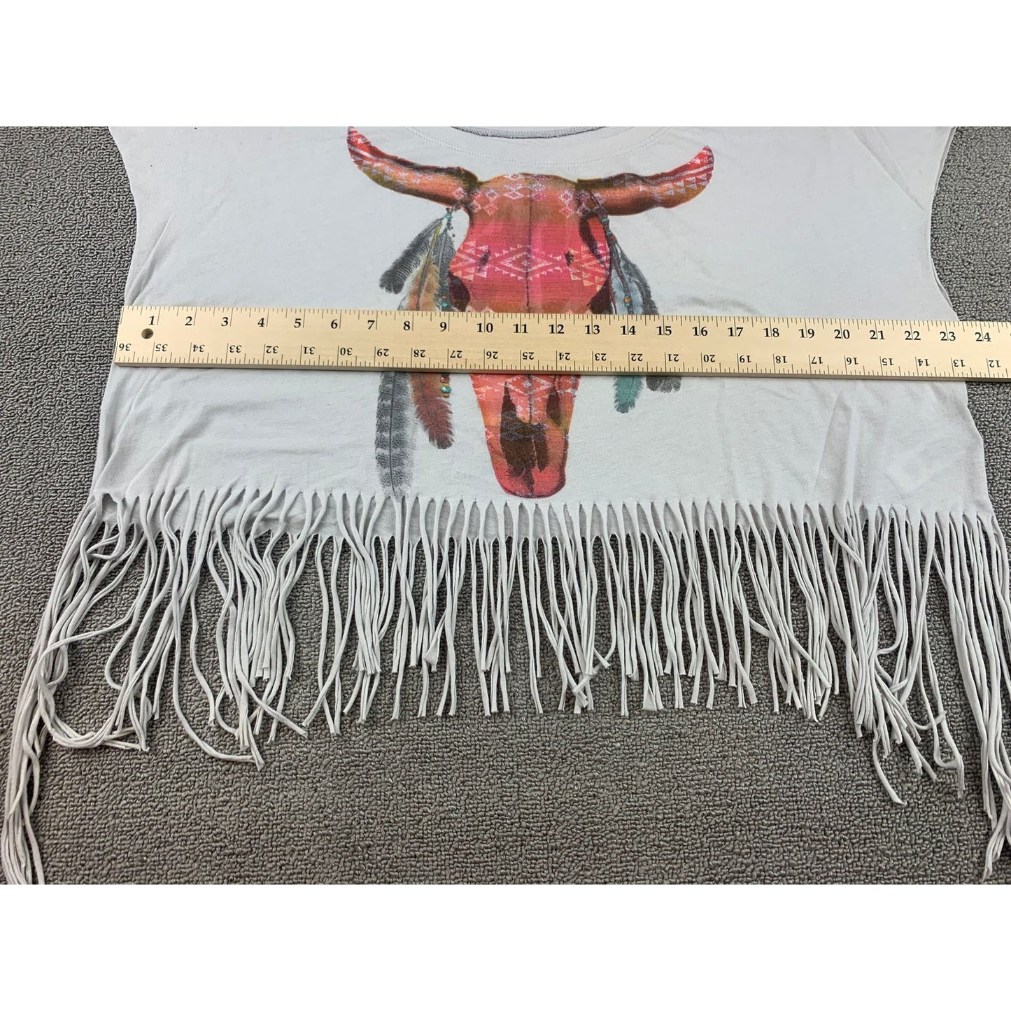 Forever 21 Women M White Western Bull Skull Graphic Fringe Cropped T-Shirt