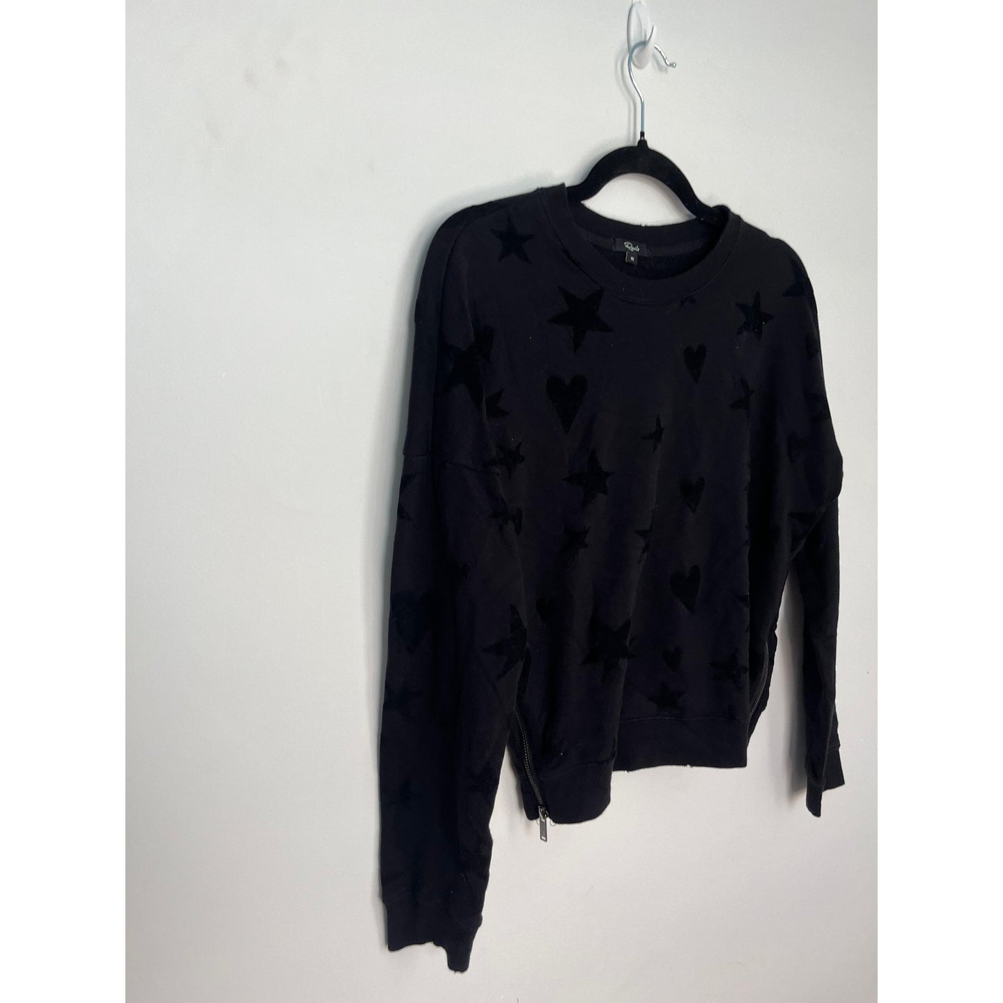 Rails Star Heart Print Sweatshirt Women XS Black Crewneck Pullover Zipper Hem