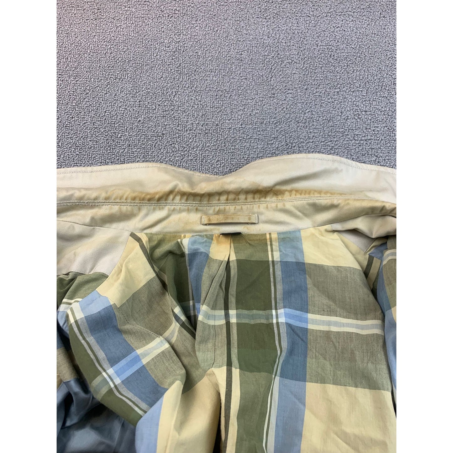 J. Crew Men's XL Beige Green Blue Full Length Checkered Plaid Lined Rain Coat