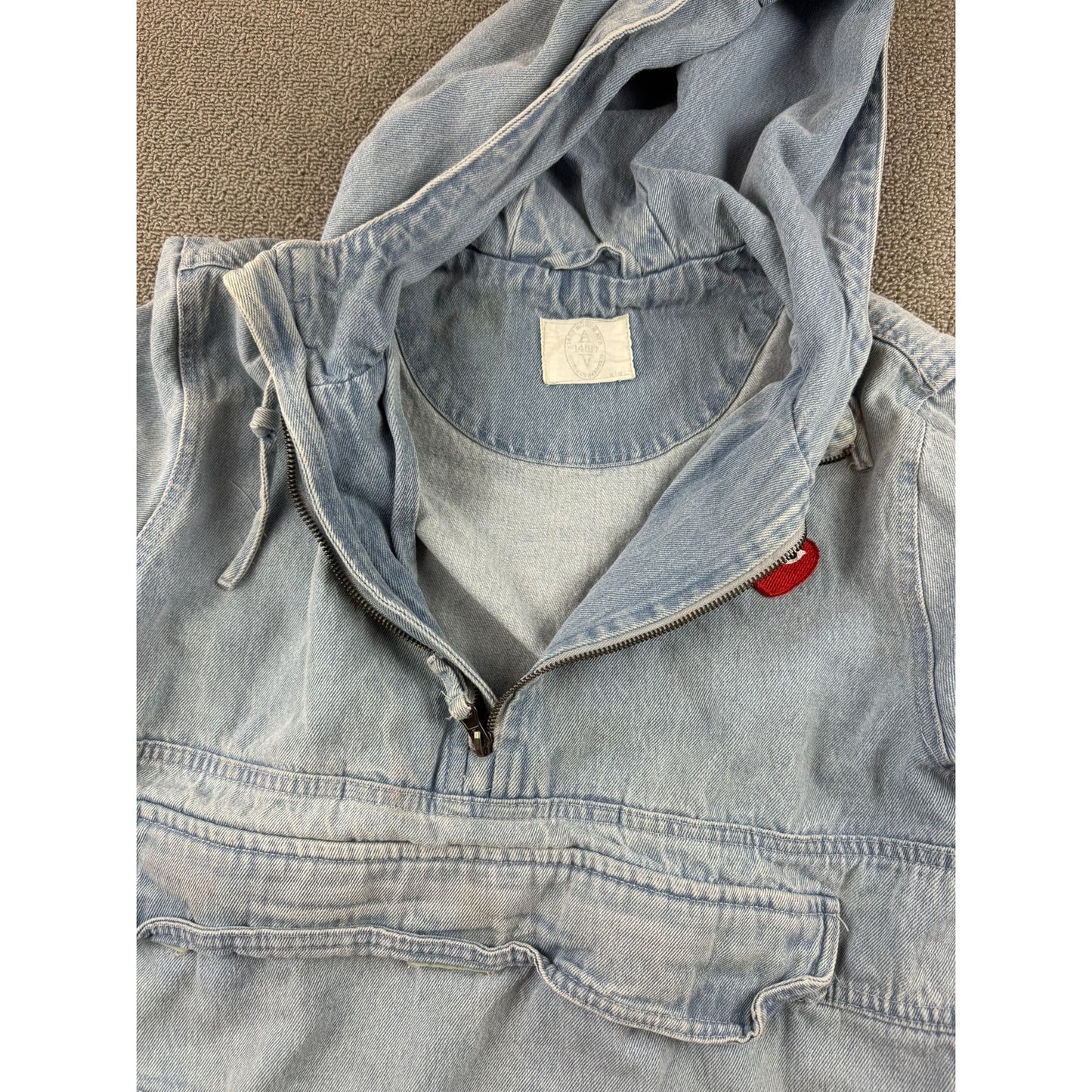 Cotton On Denim Anorak Men's Size Medium Light Wash Hooded DIY Heart Patch