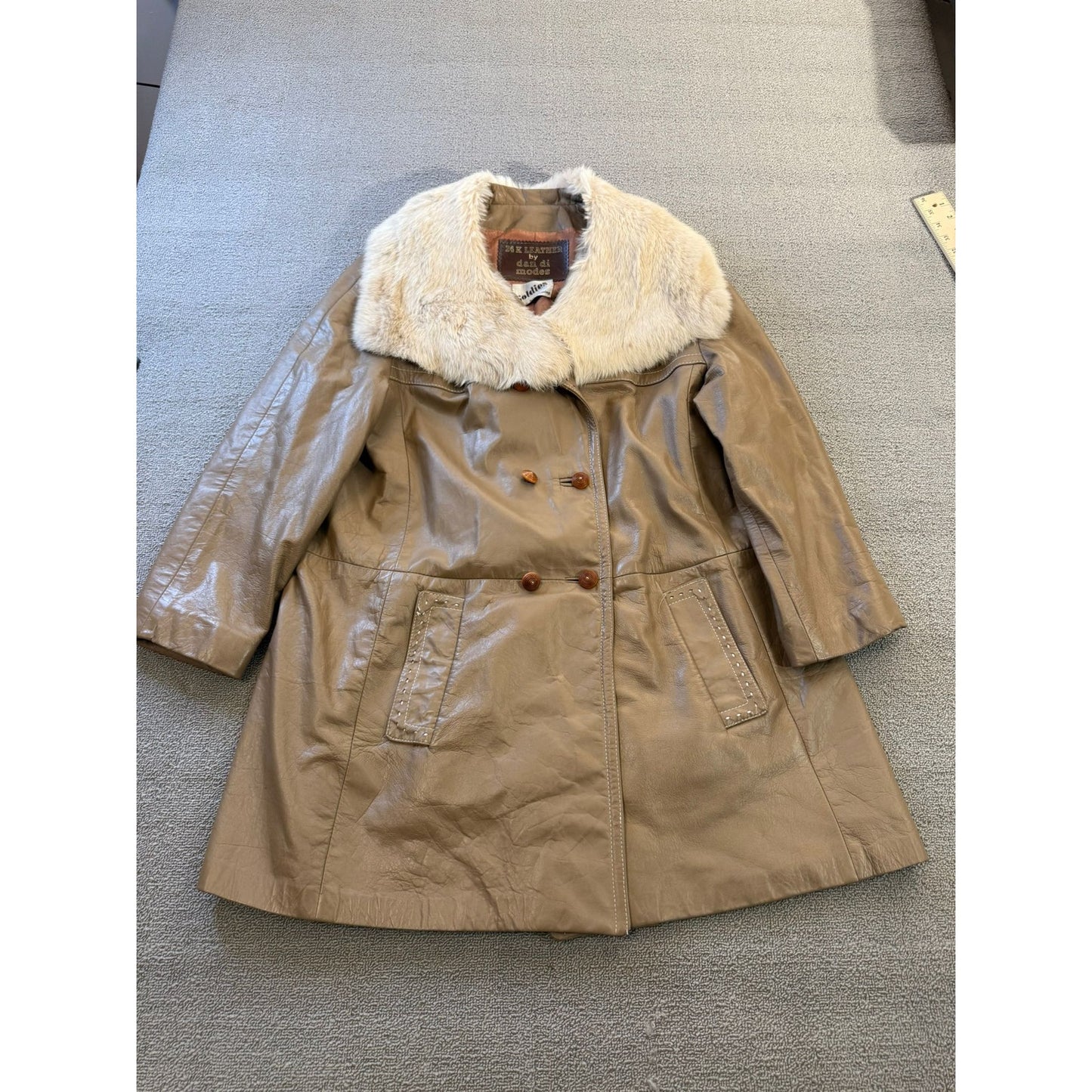 24K LEATHER Vintage Women's Beige Fur Collar Coat Jacket Vintage Retro Style