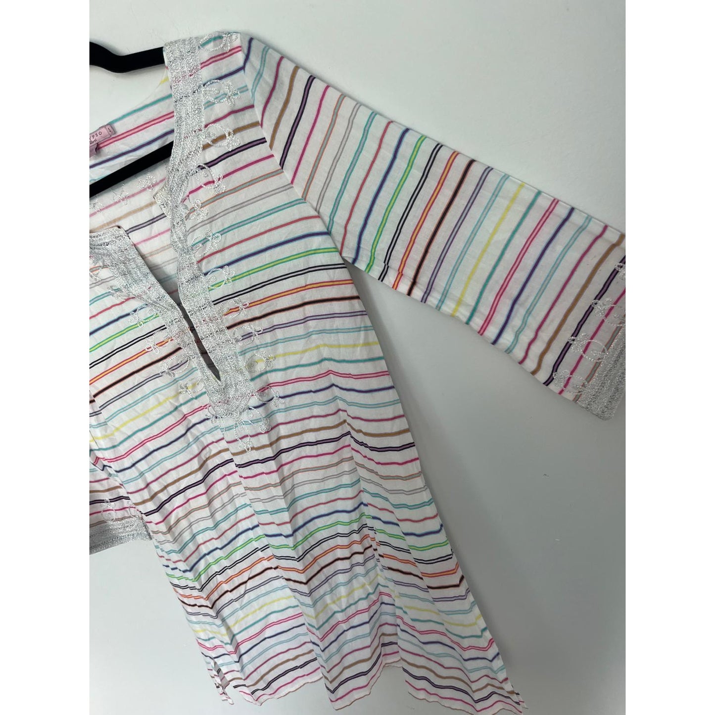 Calypso St Barth Tunic Top Women Small Striped Metallic Embroidered Boho