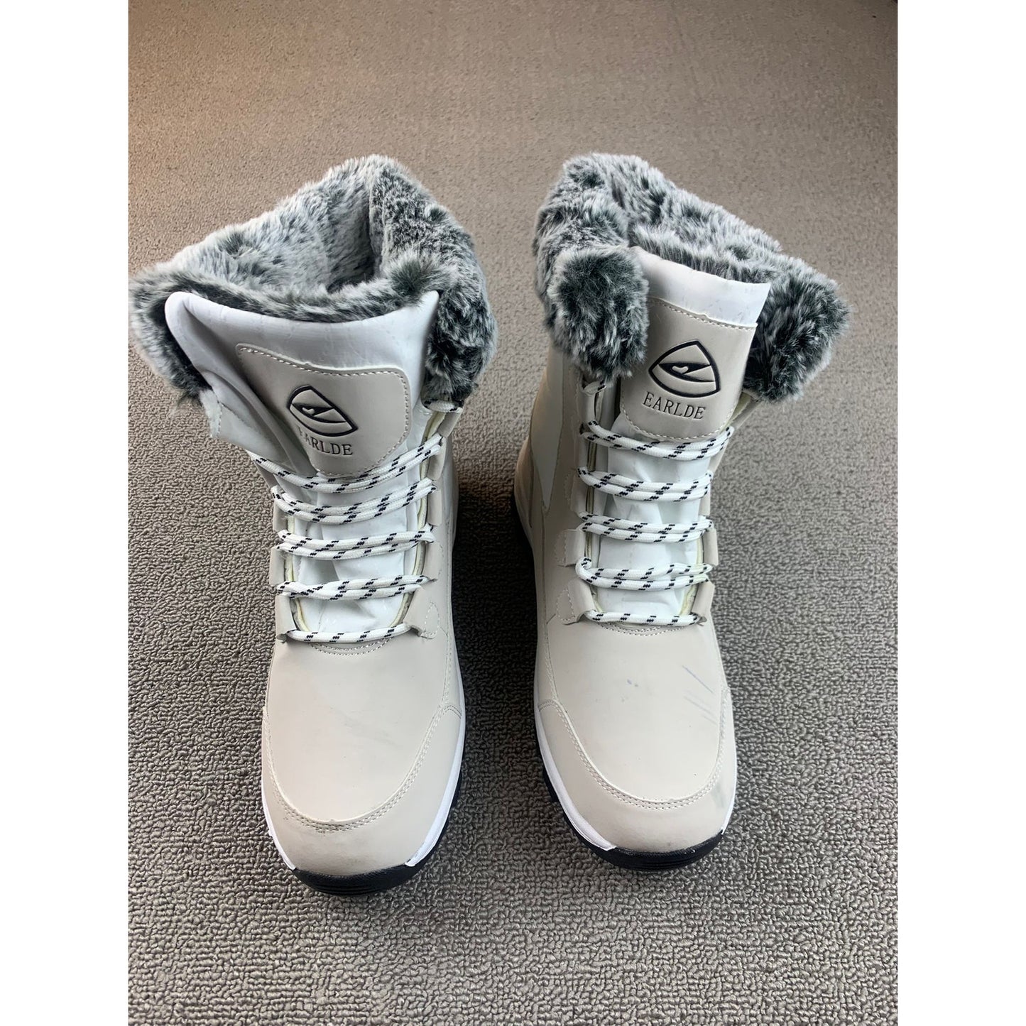 Earlde Women 40 Beige Gray Black Faux Fur Insulated Snow Boots Casual