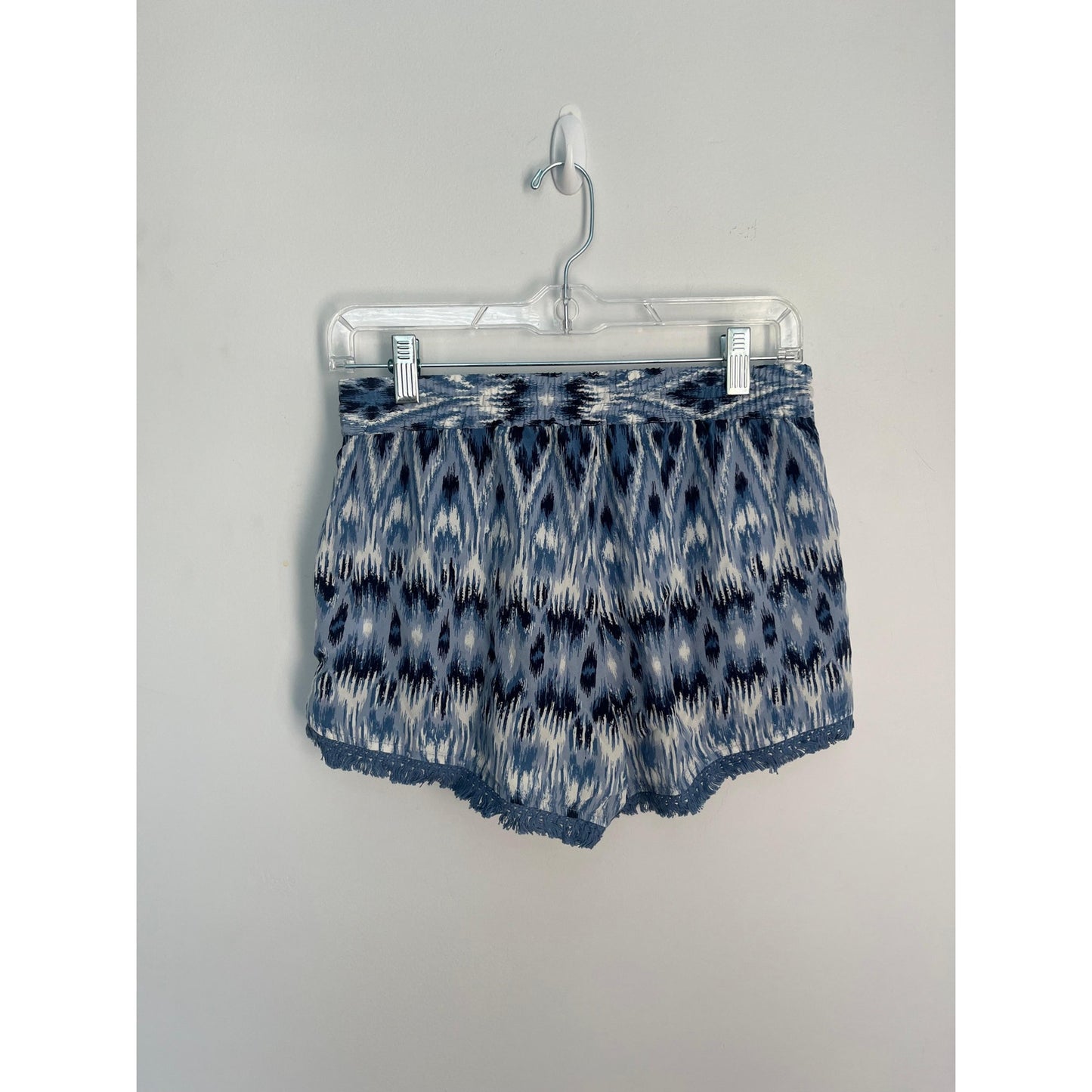 Joie Printed Shorts Women XS Blue White Ikat Smocked Waist Fringe Hem