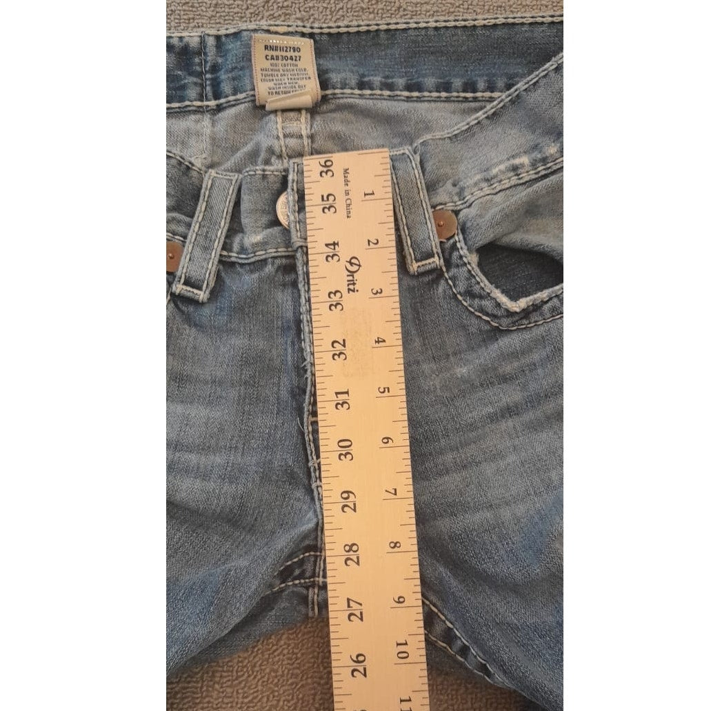 True Religion Womens 32 Light Wash Blue Bootcut Distressed Ripped Jeans