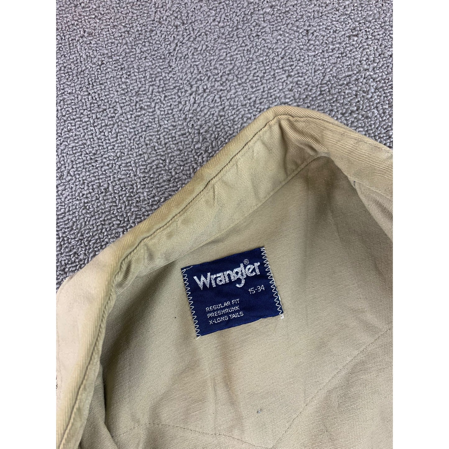 Wrangler Western Snap Shirt Mens 15 34 Khaki Beige Pearl Long Sleeve Regular Fit