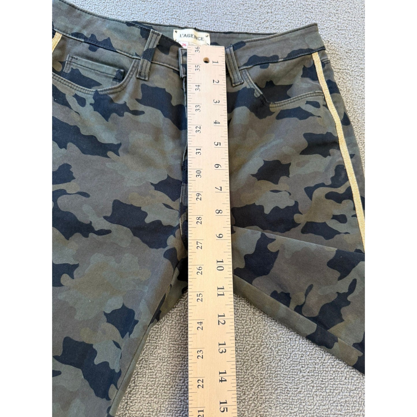 L'AGENCE Women's Camouflage Skinny Jeans 26 Green Black Yellow Side Stripe