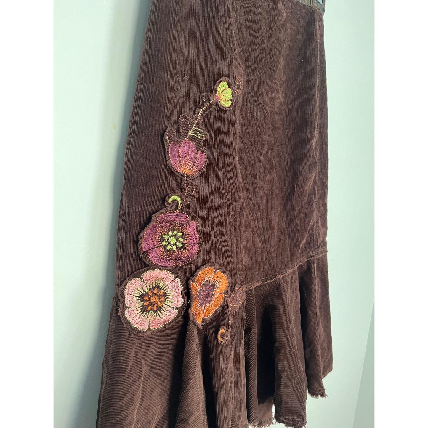 Free People Corduroy Skirt Women 0 Brown Floral Embroidered Ruffle Hem Boho
