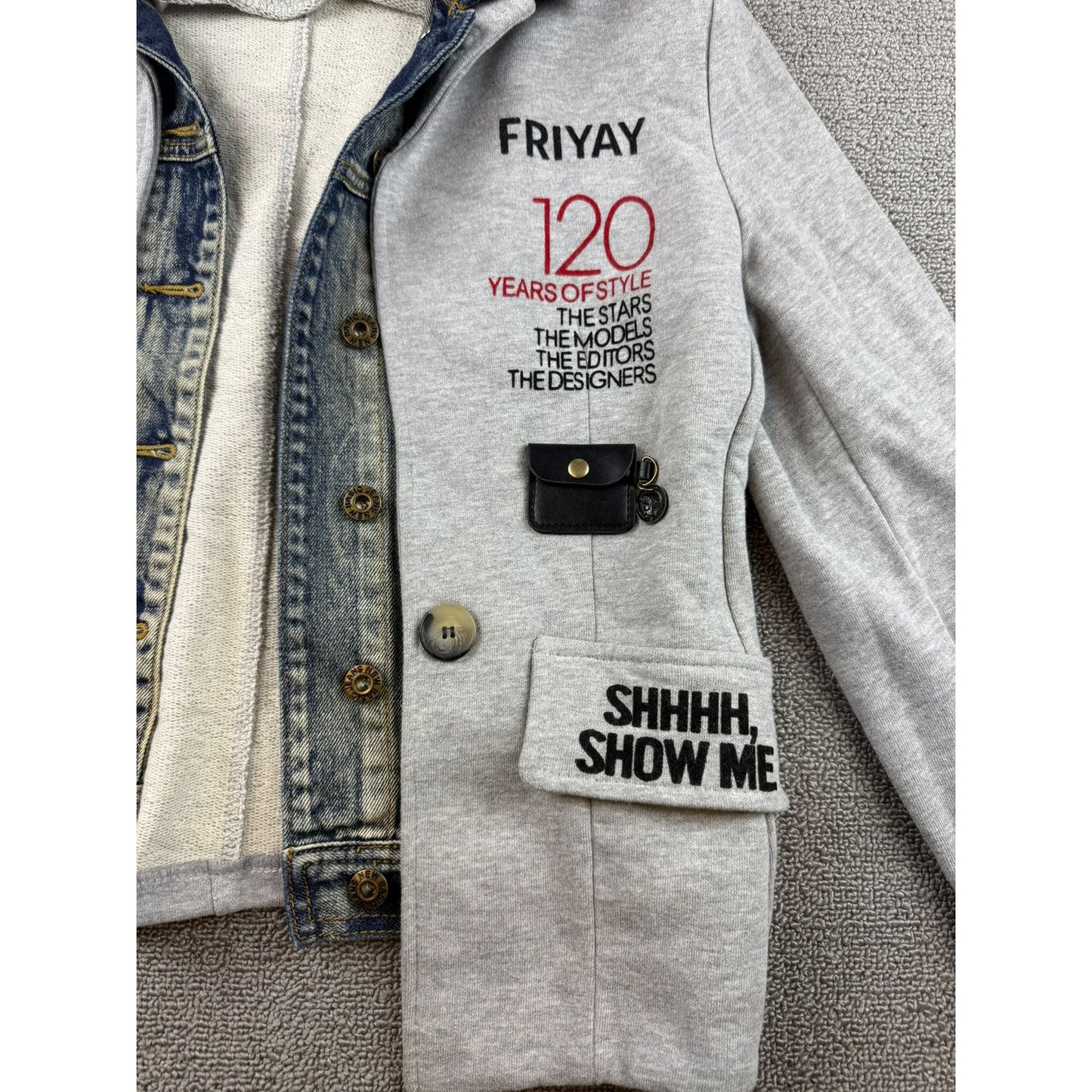 Peace Love & Seven Seventy Women's Small Graphic Patchwork Art Denim Mix Jacket