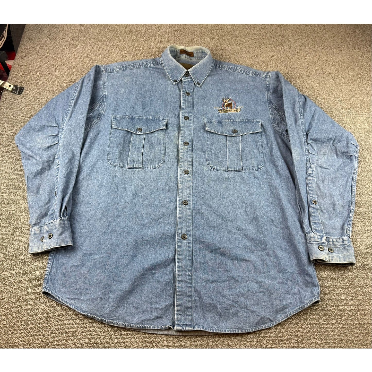 Browning Men’s Denim Button Down Shirt Large Embroidered Buck Logo Macau 90's