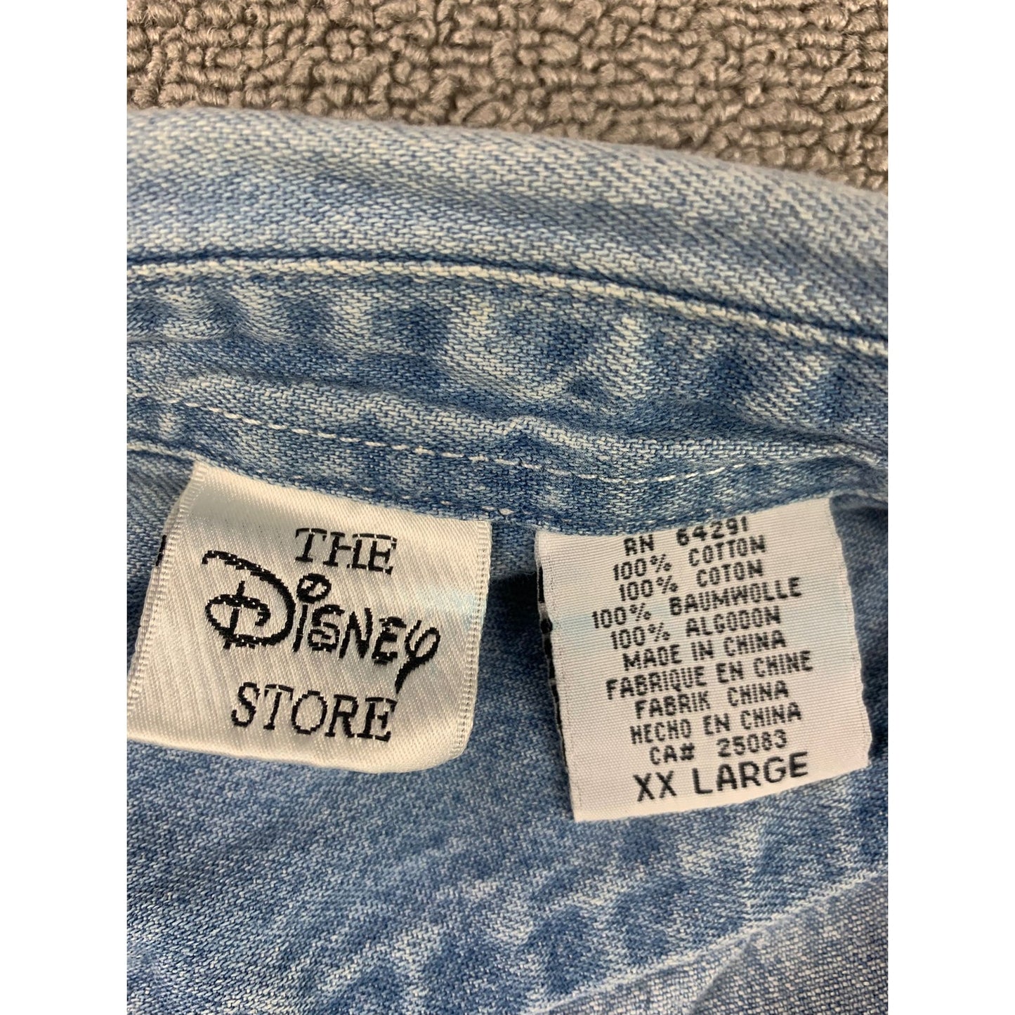 Vintage Disney Store Men's XXL Blue Denim Shirt Long Sleeve Mickey Flip Coin