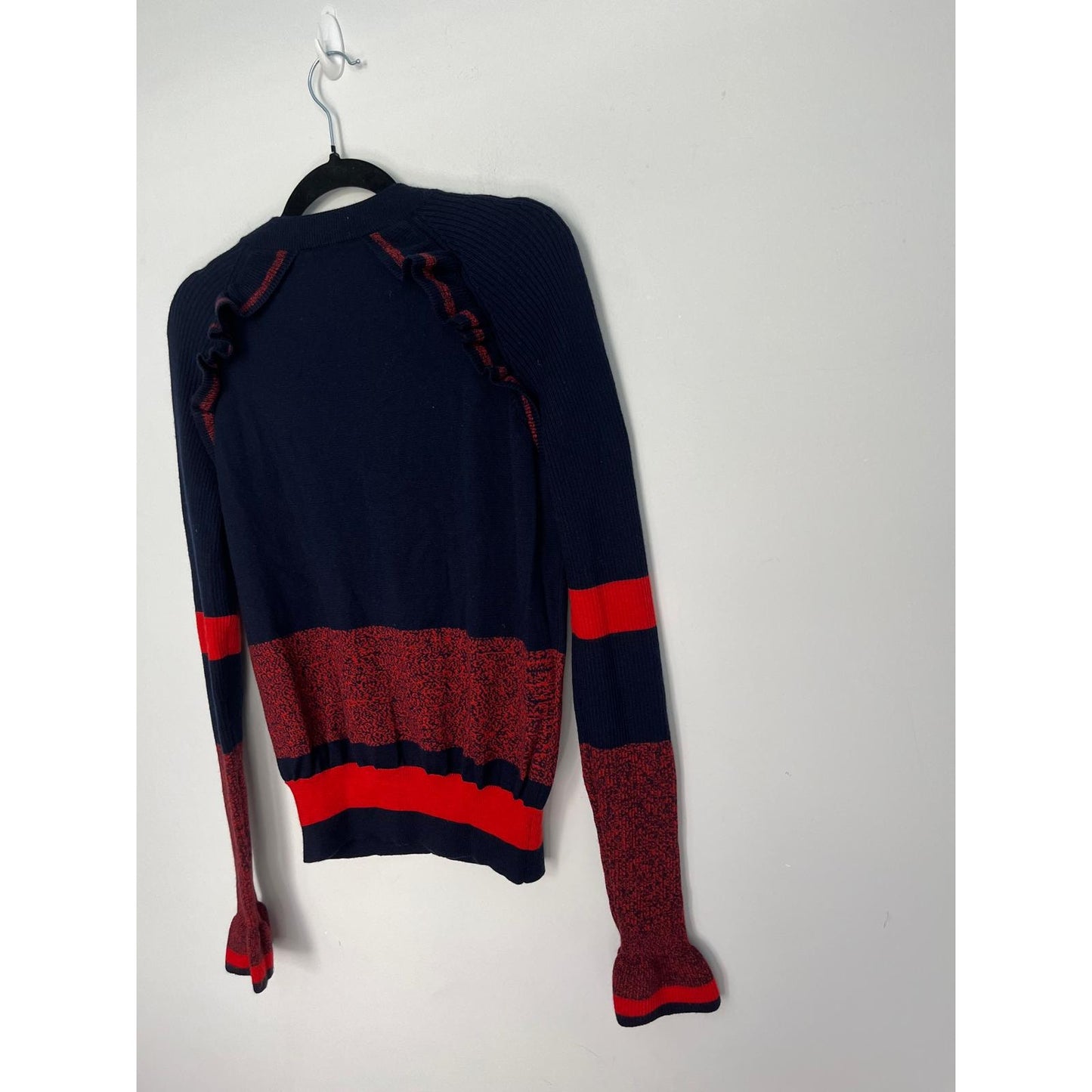 Escada Sport Ruffle Cardigan Women L Navy Red Knit Button Up Sweater