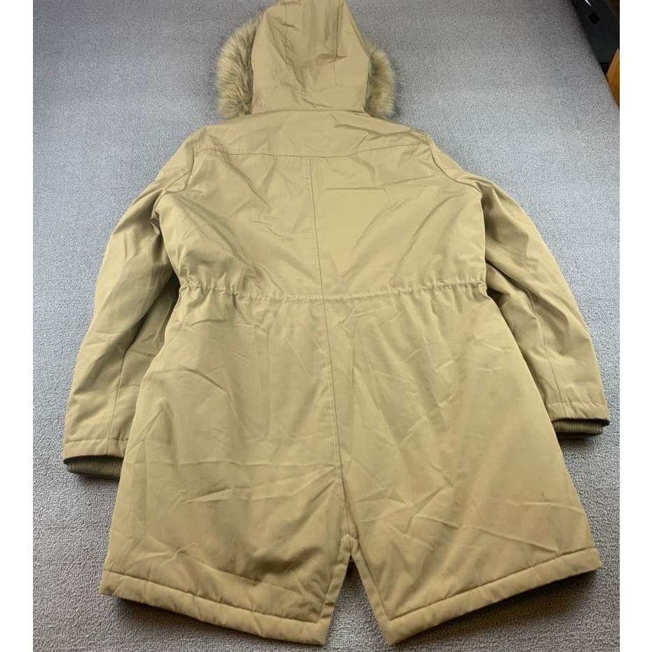 Levi’s Hooded Parka Jacket Women L Tan Faux Fur Trim Quilted Lining Drawcord