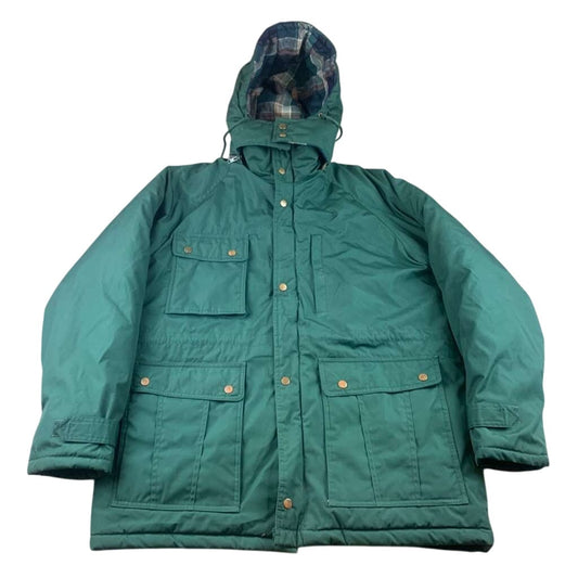 St John’s Bay Men’s Size Large Green Plaid Lined Hooded Parka Jacket Korea Made