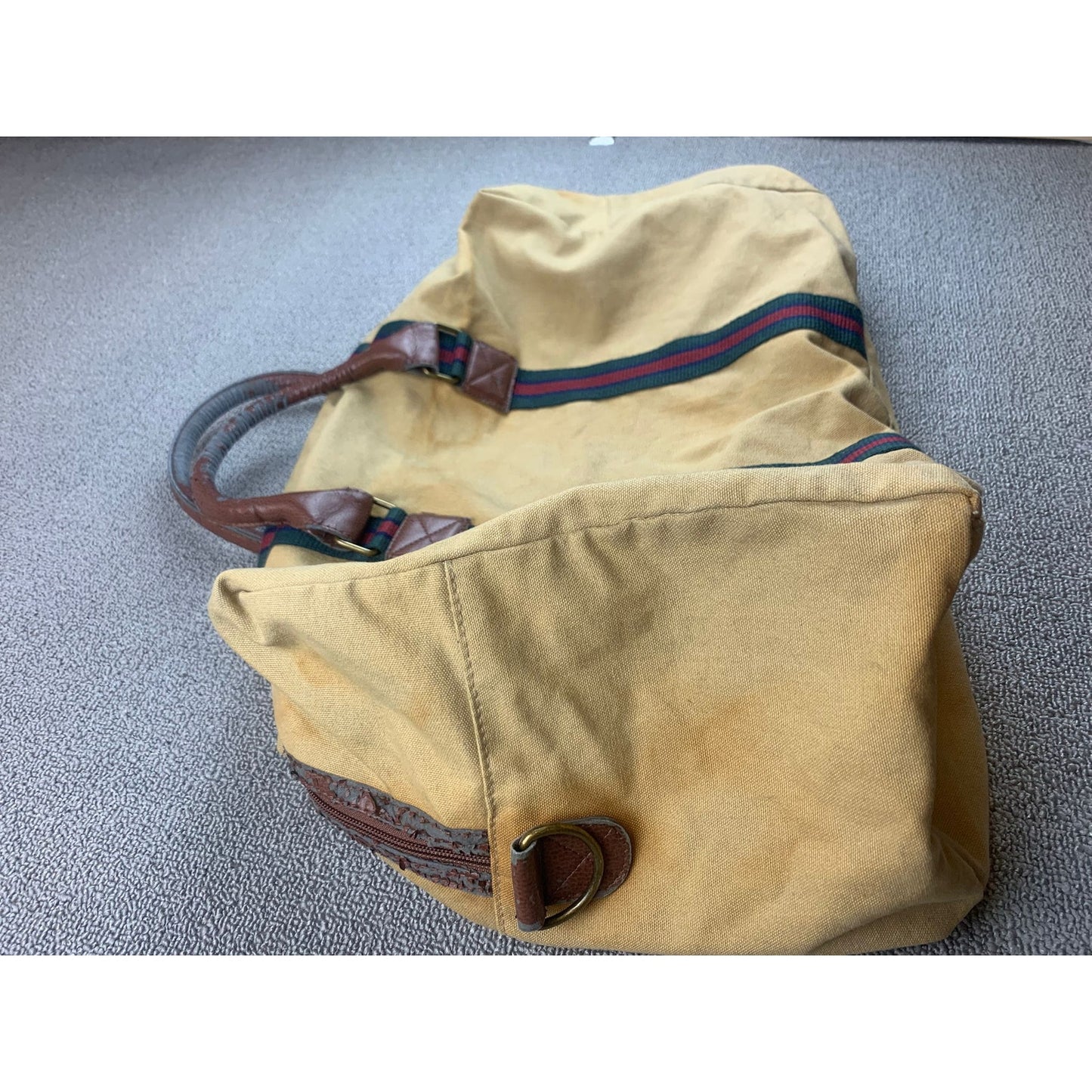 Vintage Polo Ralph Lauren Tan Green Red Stripe Canvas Overnight Duffel Bag