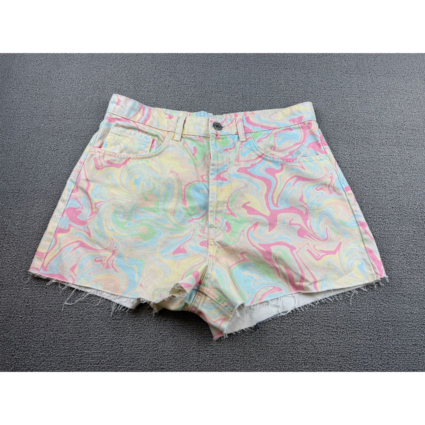 Zara Women's 10 Pastel Multi-Color Frayed Hem Swirl Print Tie Die Denim Shorts