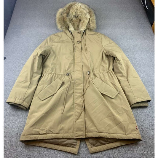 Levi’s Hooded Parka Jacket Women L Tan Faux Fur Trim Quilted Lining Drawcord