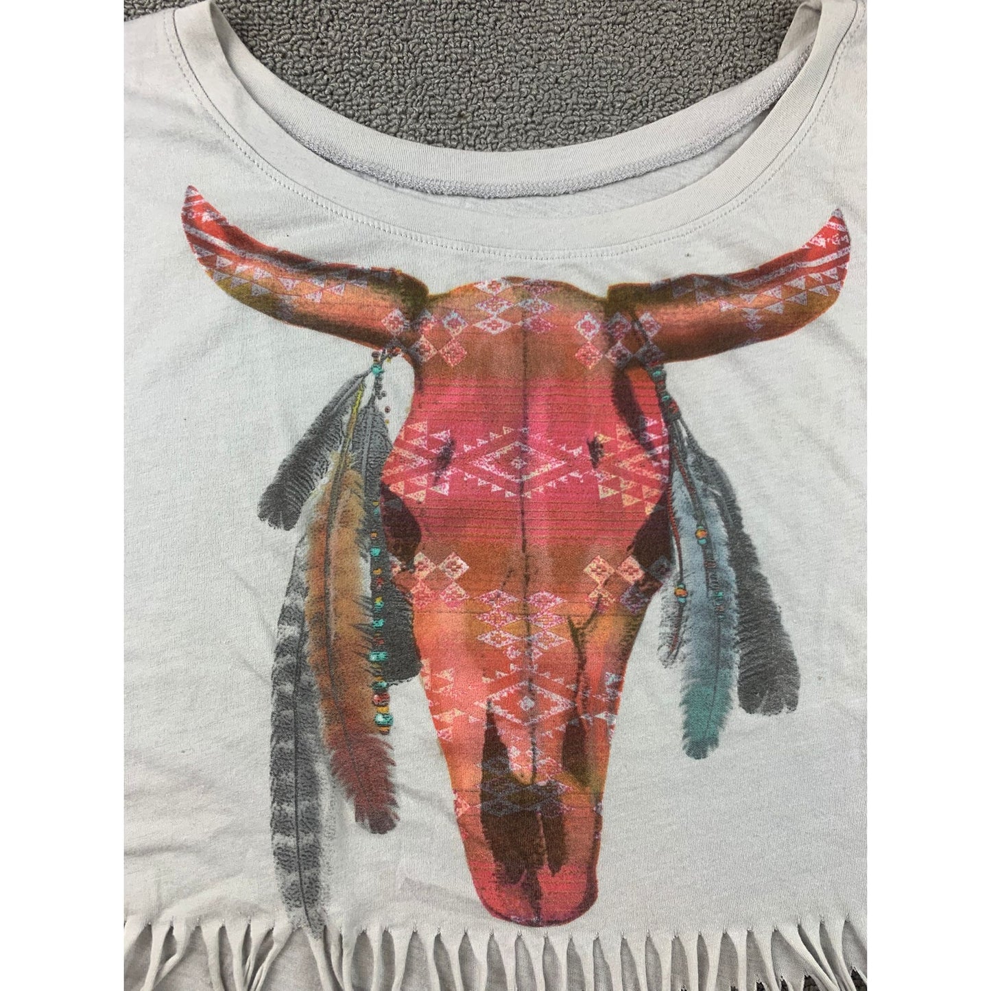 Forever 21 Women M White Western Bull Skull Graphic Fringe Cropped T-Shirt