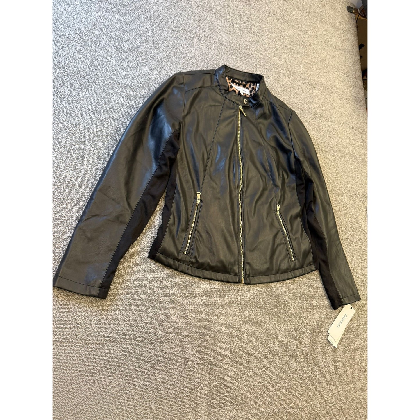 Calvin Klein Womens Large Black Faux Leather Biker Jacket Gold Zippers