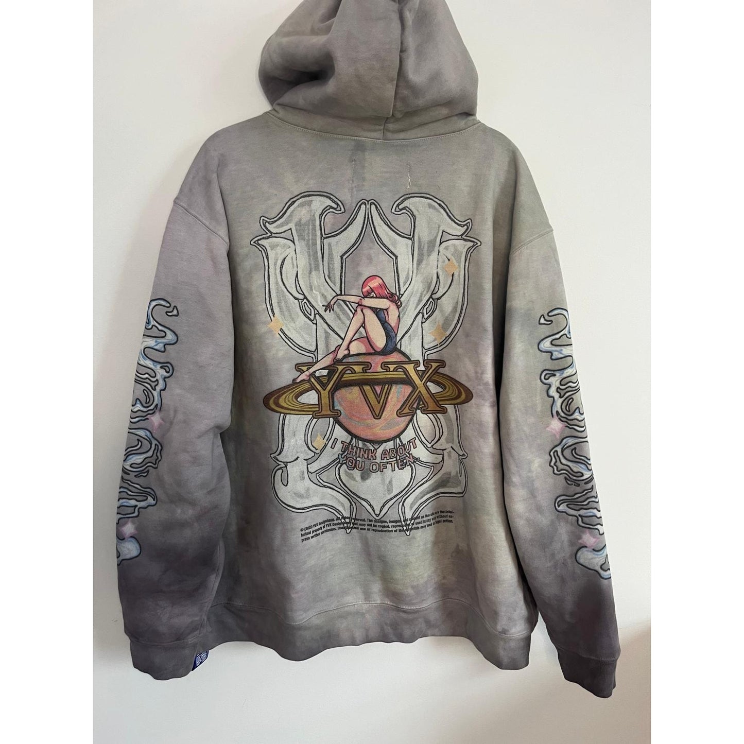 YV Graphic Hoodie Men XL Gray Tie Dye Streetwear Planet Back Print