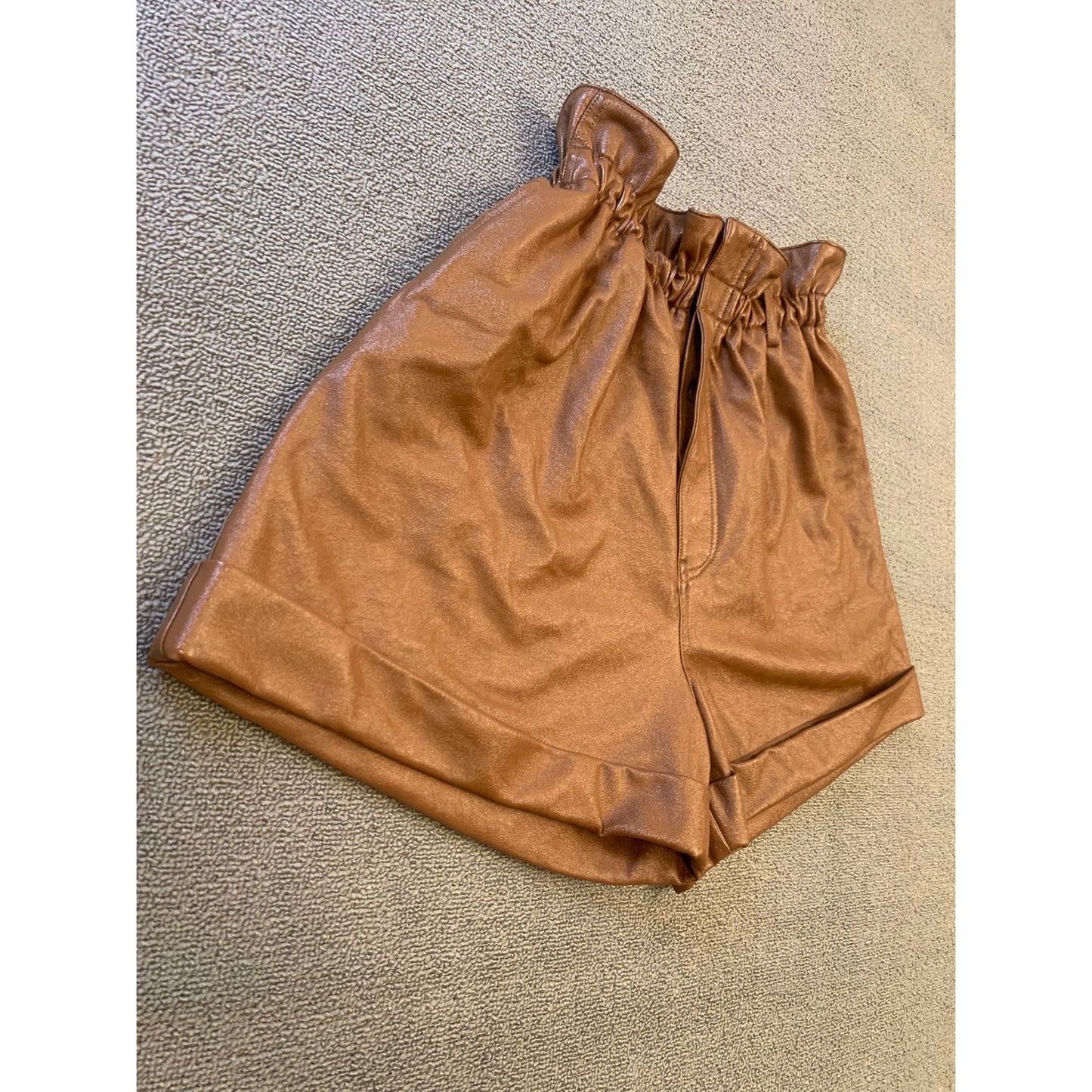 Ronny Kobo Women Large Brown Faux Leather Paperbag Shorts