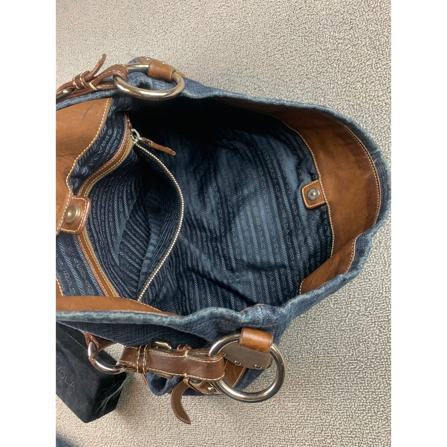 Authentic Prada Milano Blue Women's Washed Denim Logo Hobo Handbag
