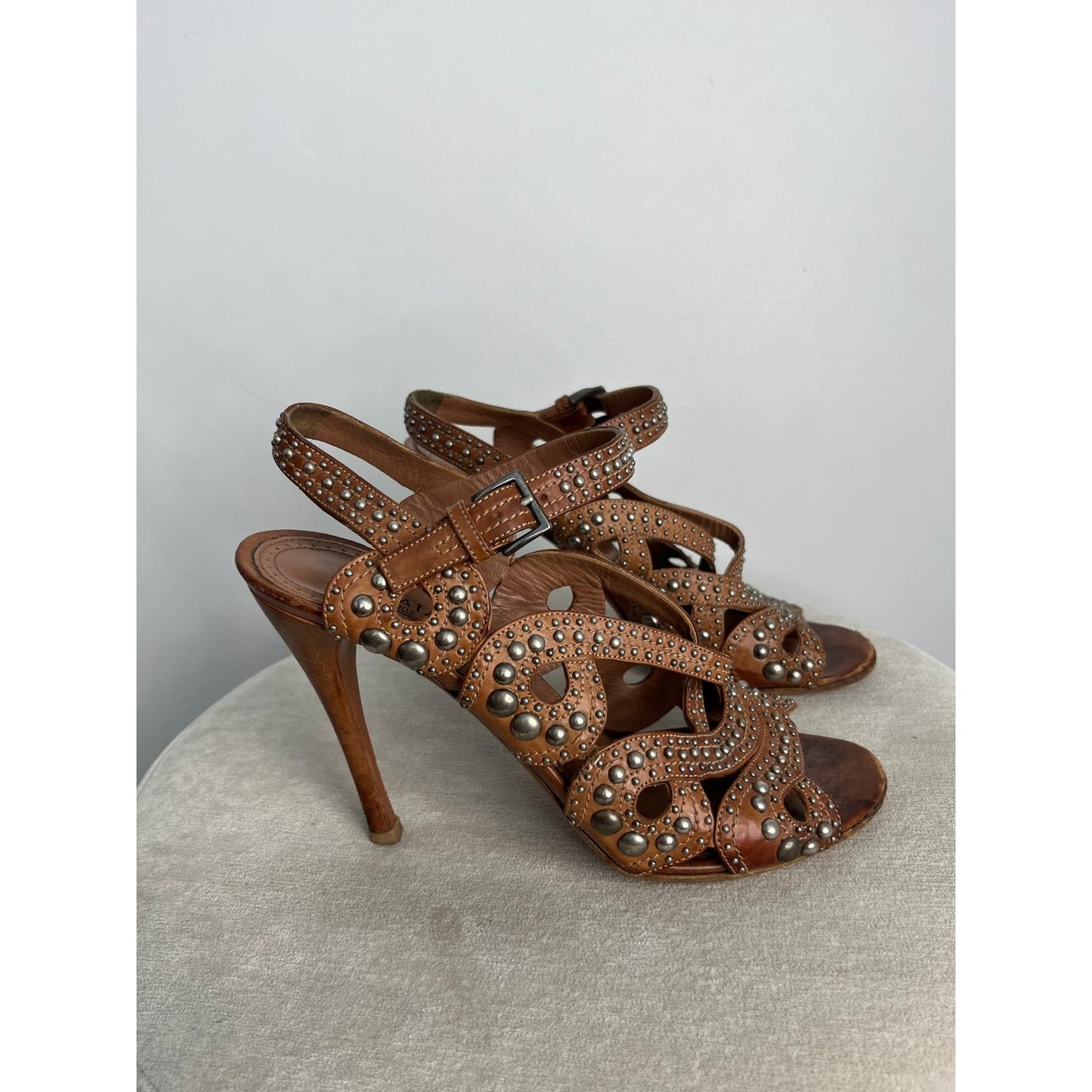 Alaia Studded Leather Heeled Sandals Women US8 Brown Strappy High Heel