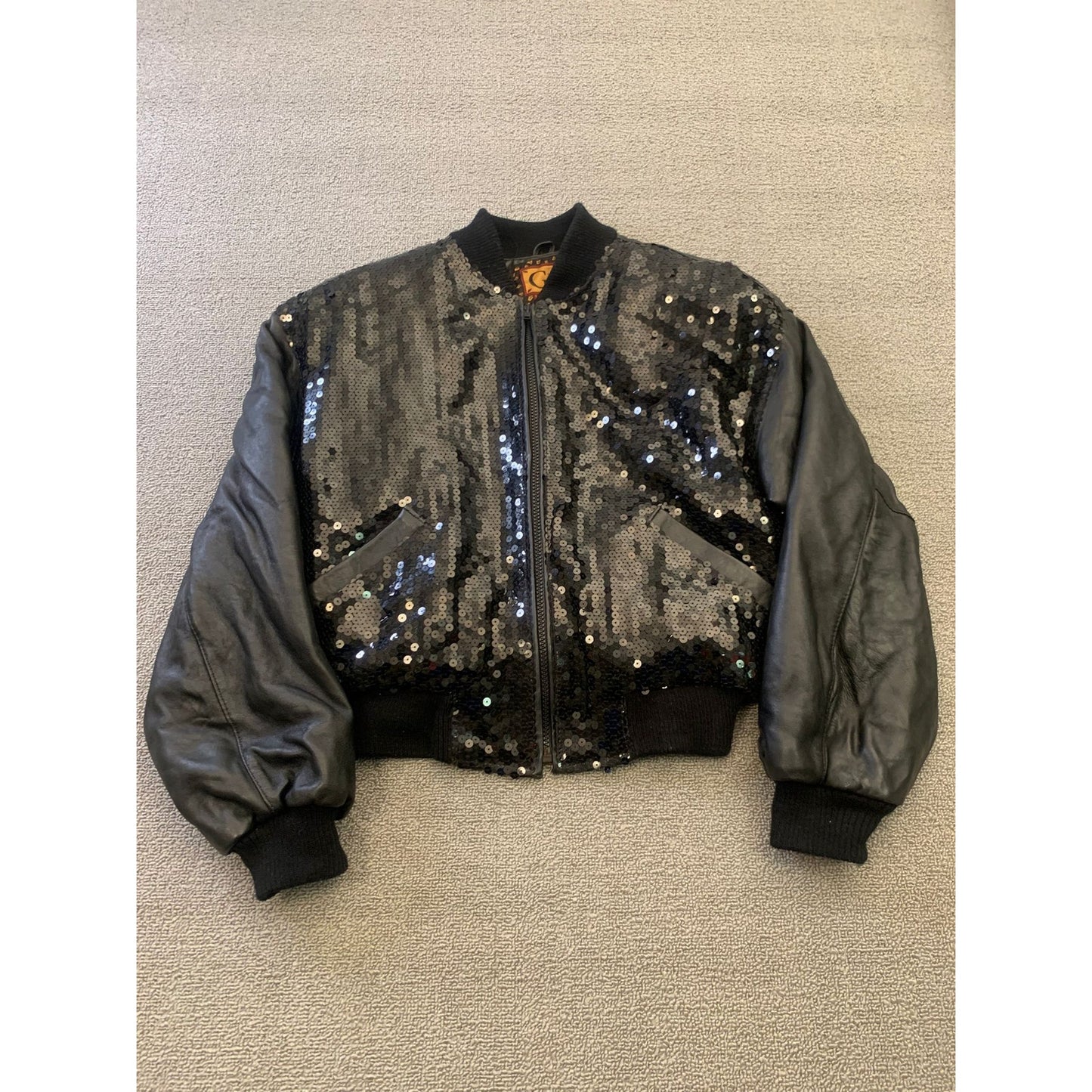 Vintage Y2K G-III LEATHER Women Small Black Sequin Leather Bomber Jacket