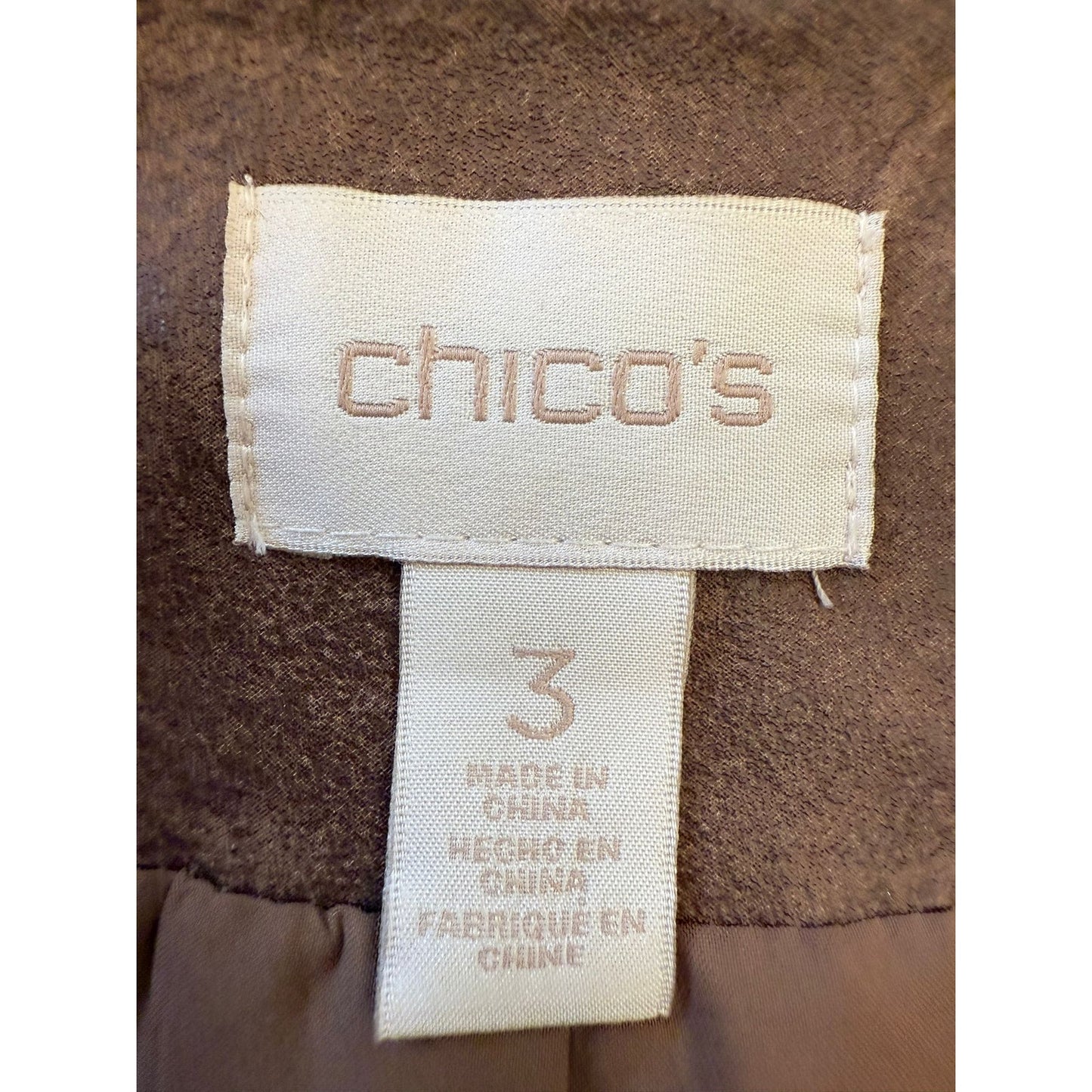 Chicos Womens Size 3 Faux Suede Fringe Jacket Brown Bohemian Style Cardigan