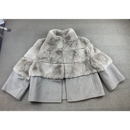 Diana Rosh New York Gray Coat Size XS %100 DOUBLE PLY WOOL WITH REX RABBIT