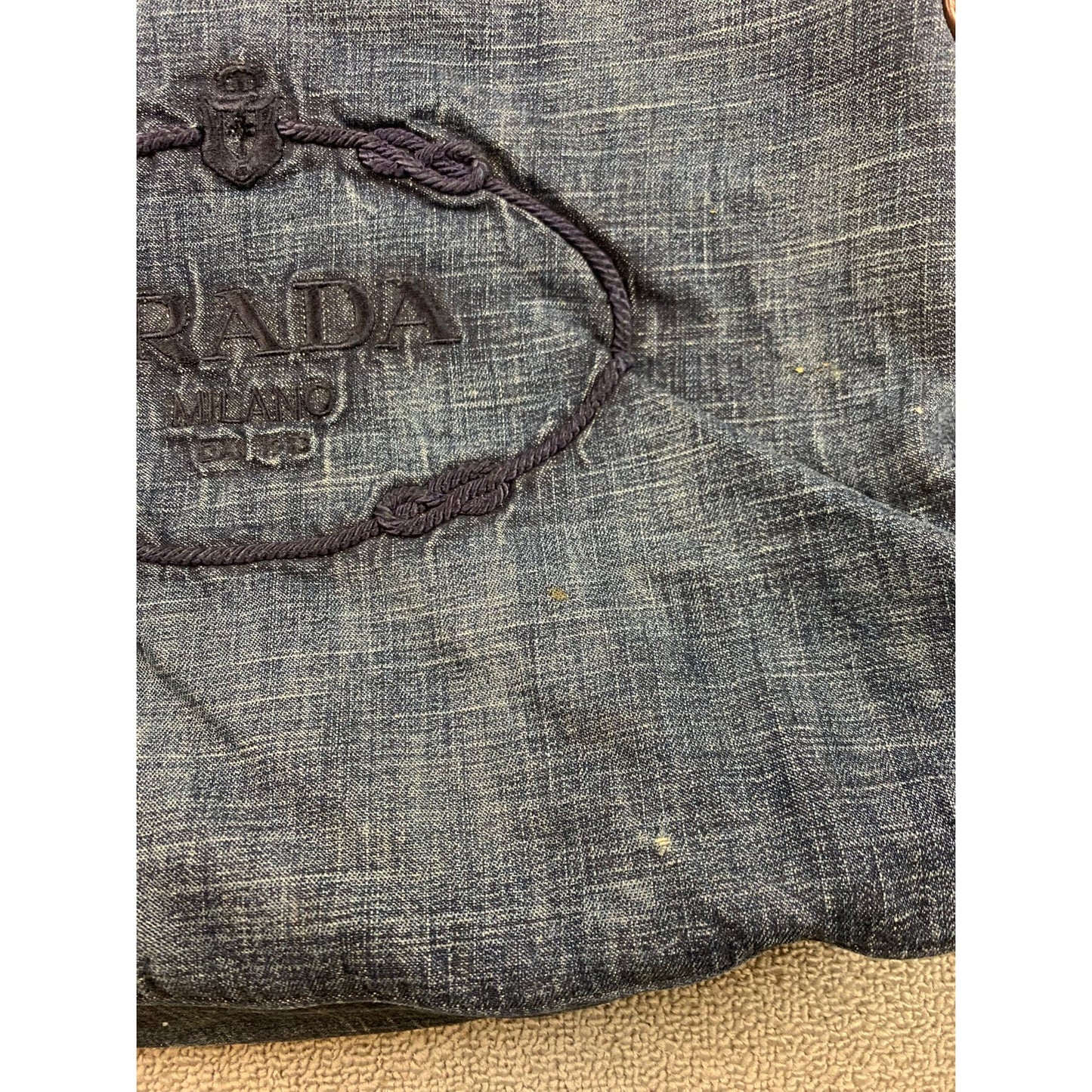 Authentic Prada Milano Blue Women's Washed Denim Logo Hobo Handbag
