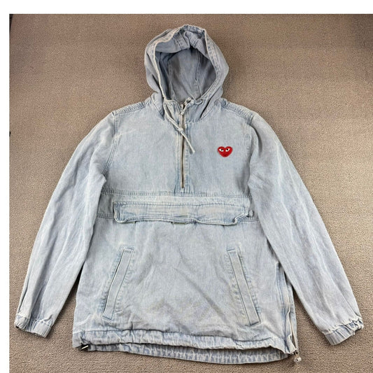 Cotton On Denim Anorak Men's Size Medium Light Wash Hooded DIY Heart Patch