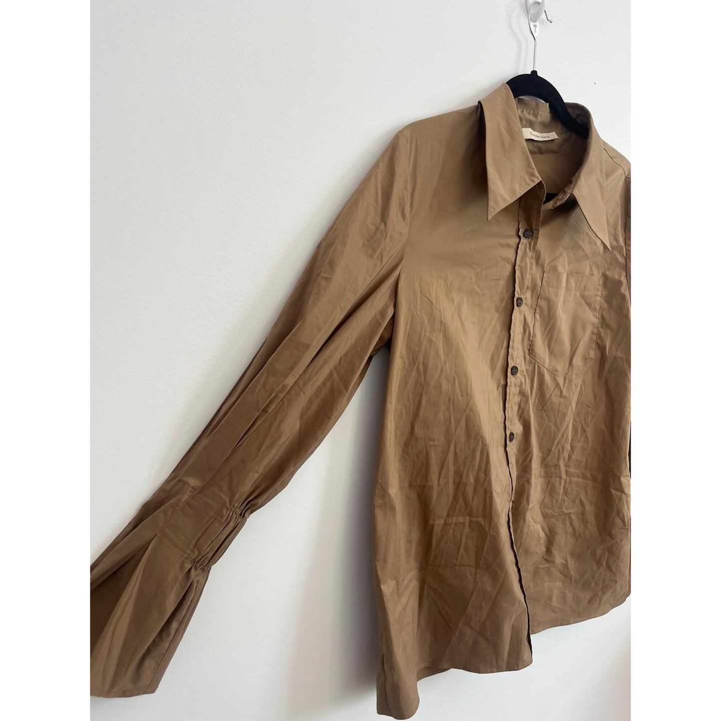 Gentle Herd Button Down Shirt Women L Brown Cotton Blend Puff Sleeve