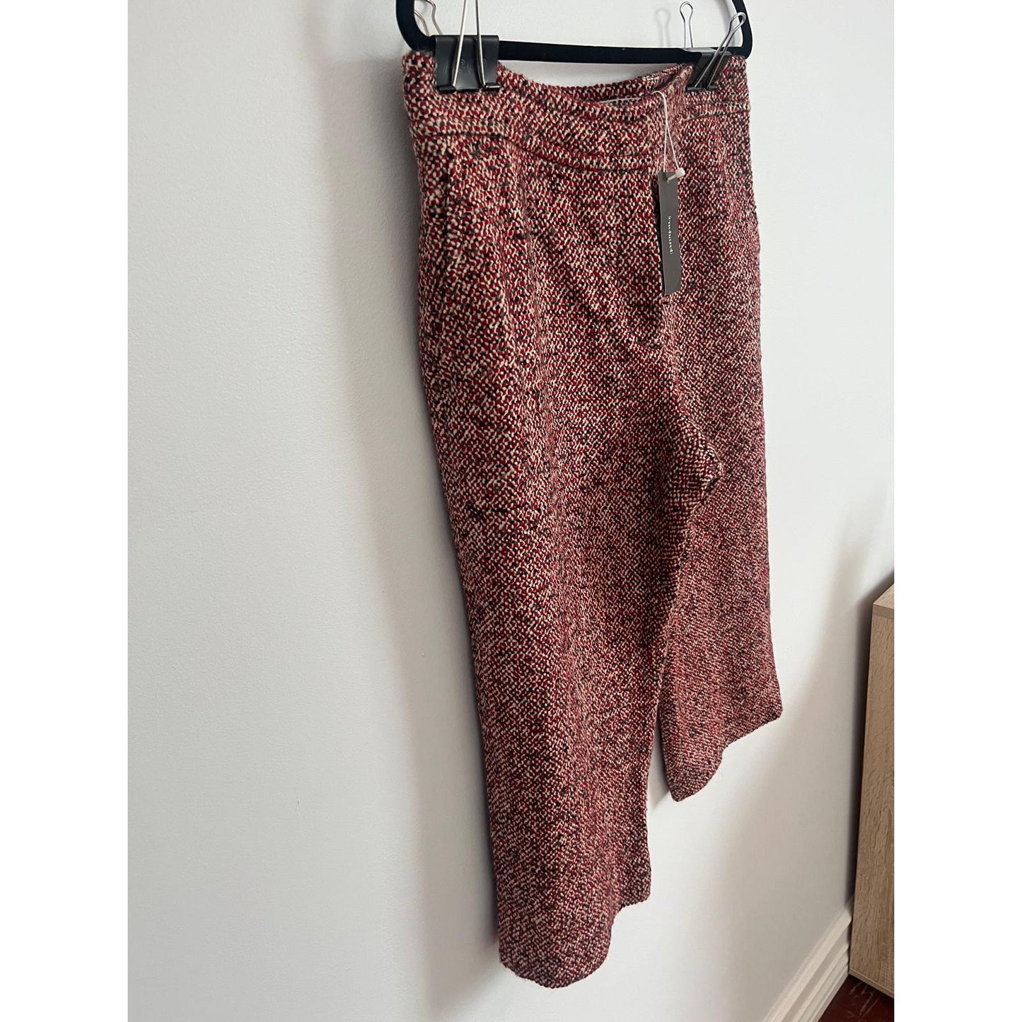 Cacharel Tweed Cropped Pants Women 42 Red Black Wool Blend Bouclé Trousers