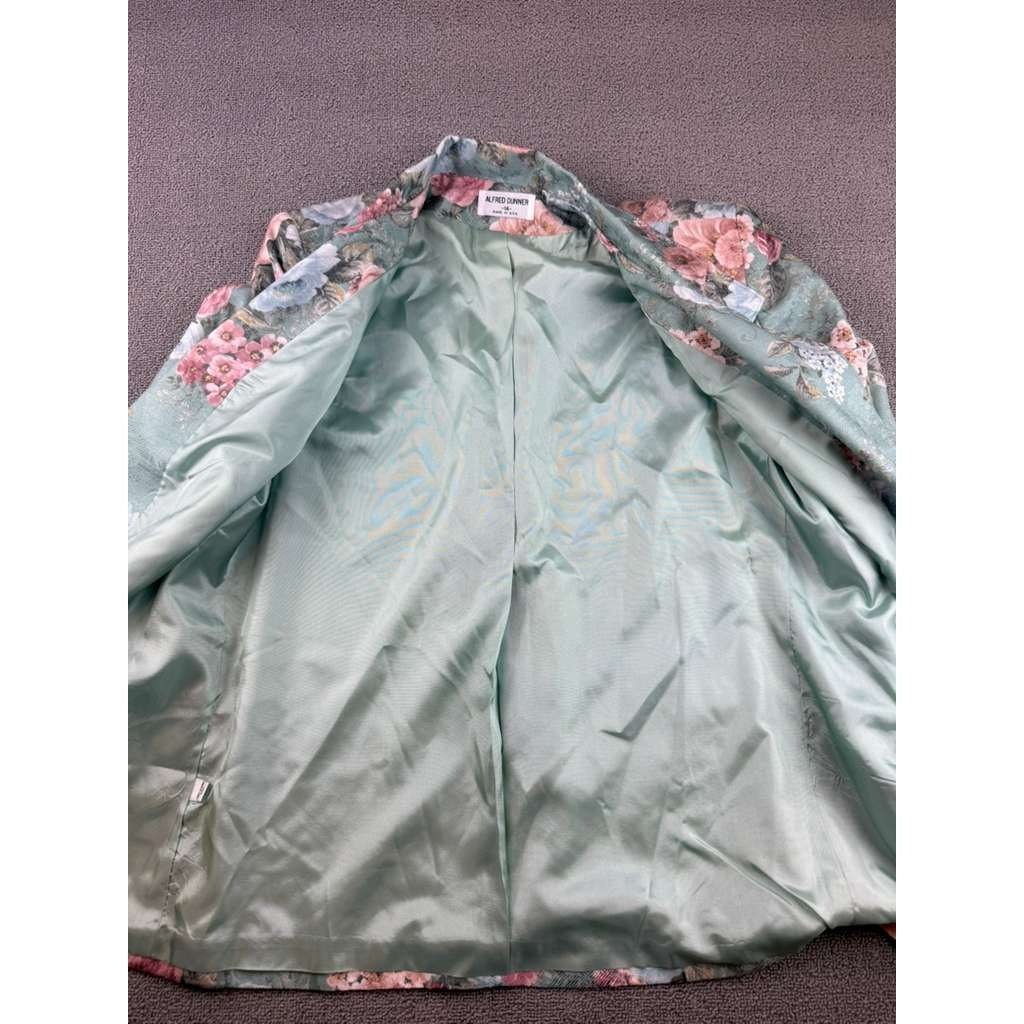Alfred Dunner Women's 14 Floral Green Blazer Made In USA Pink Blue Roses