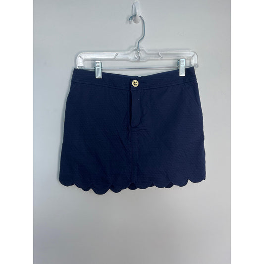 Lilly Pulitzer Scallop Hem Mini Skirt Women 0 Navy Blue Textured Cotton Blend
