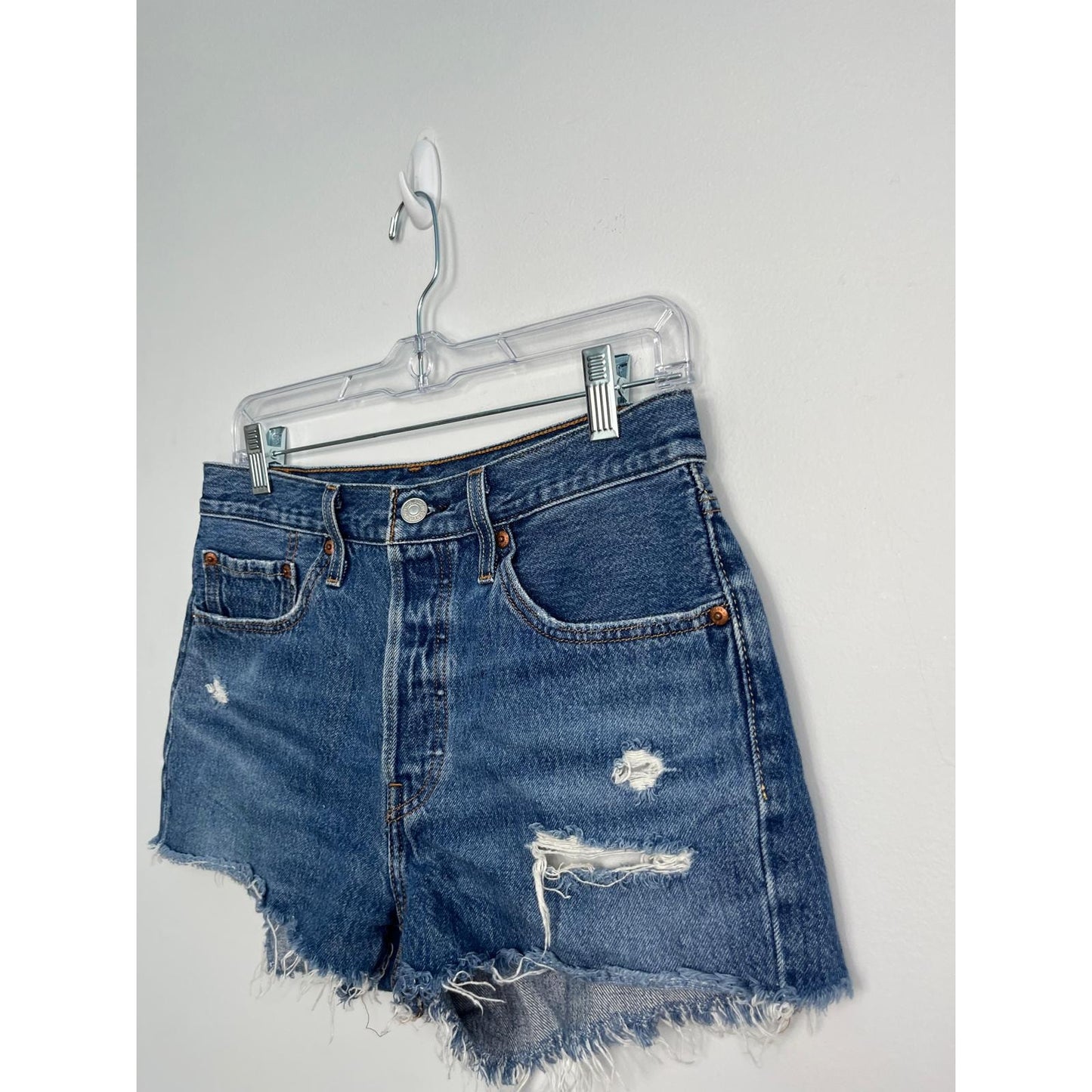 Levi's 501 Denim Shorts Women W28 Distressed High Rise Raw Hem Blue
