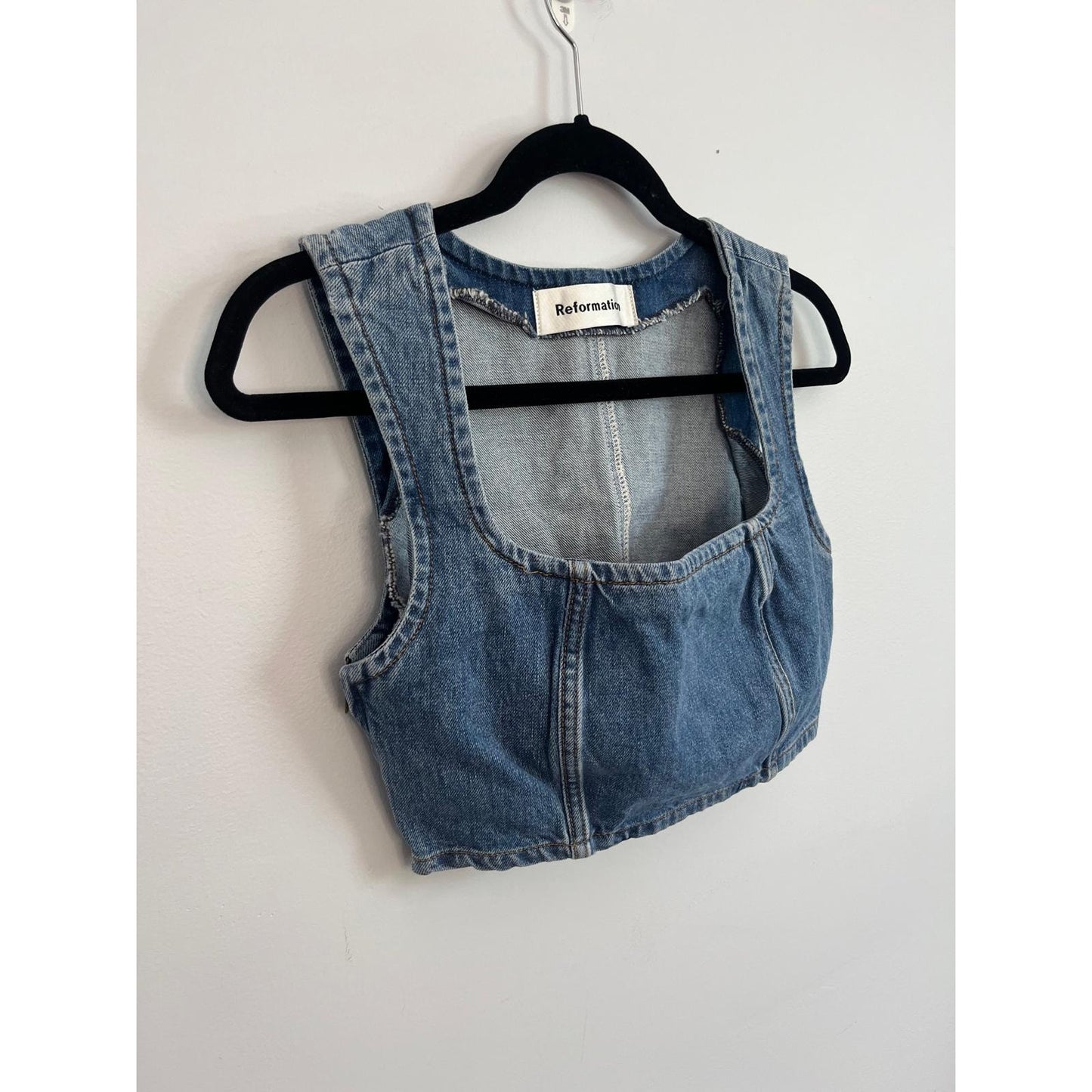 Reformation Denim Crop Top Women 0 Blue Square Neck Corset Stitch Tank