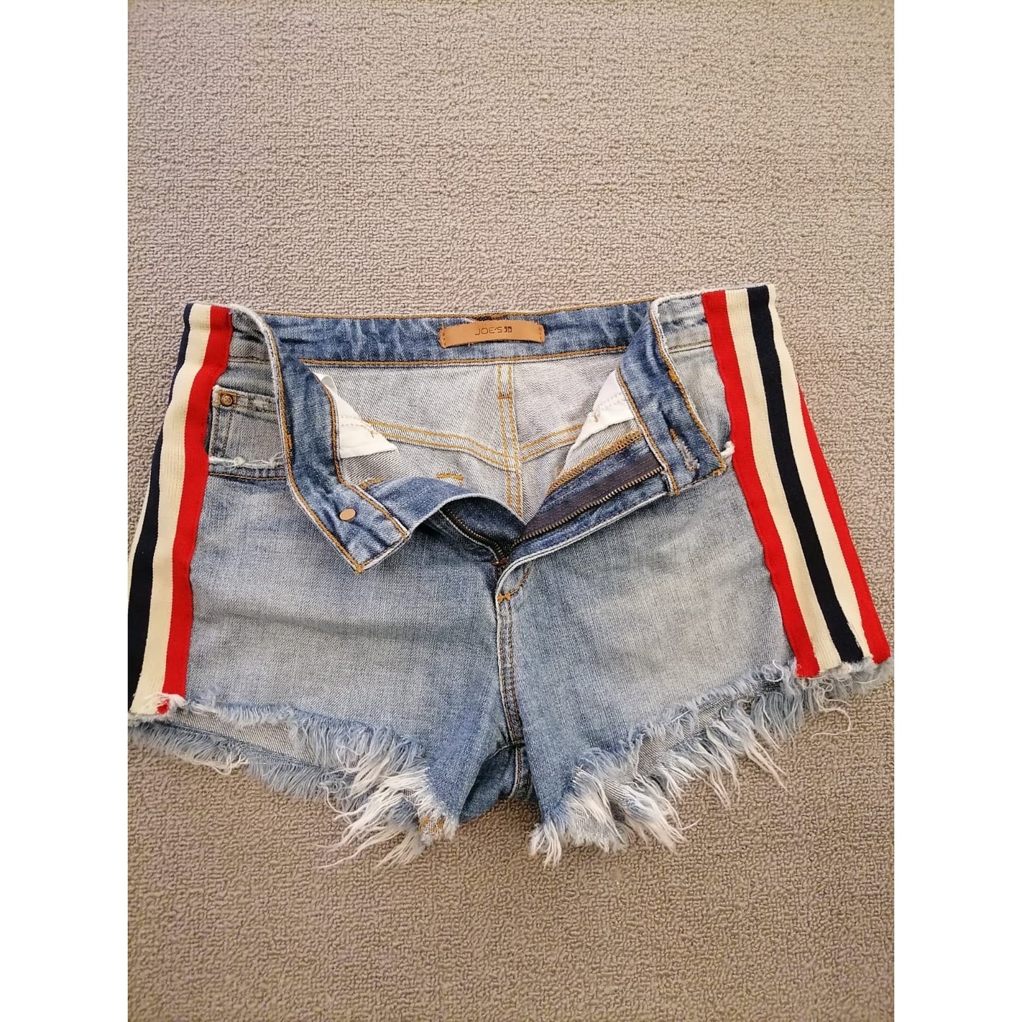 Joe’s Women’s 29 Denim Cutoff Shorts – Blue Hem with Red White Side Stripes