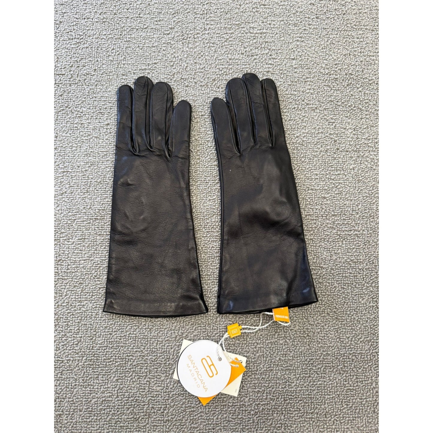 Santacana Madrid Women 7M Black Leather Gloves Lined Lambskin Spain Fabric