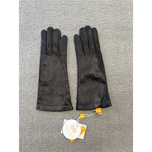 Santacana Madrid Women 7M Black Leather Gloves Lined Lambskin Spain Fabric