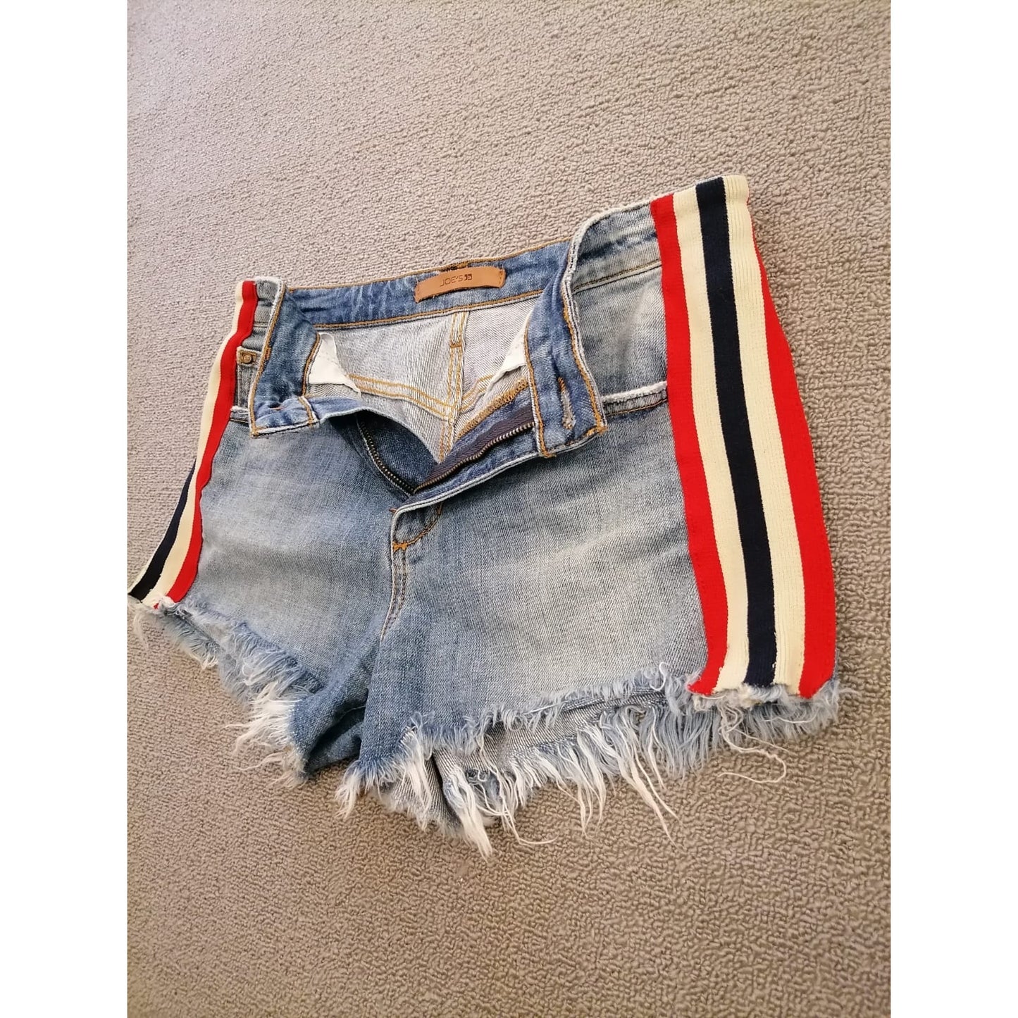 Joe’s Women’s 29 Denim Cutoff Shorts – Blue Hem with Red White Side Stripes