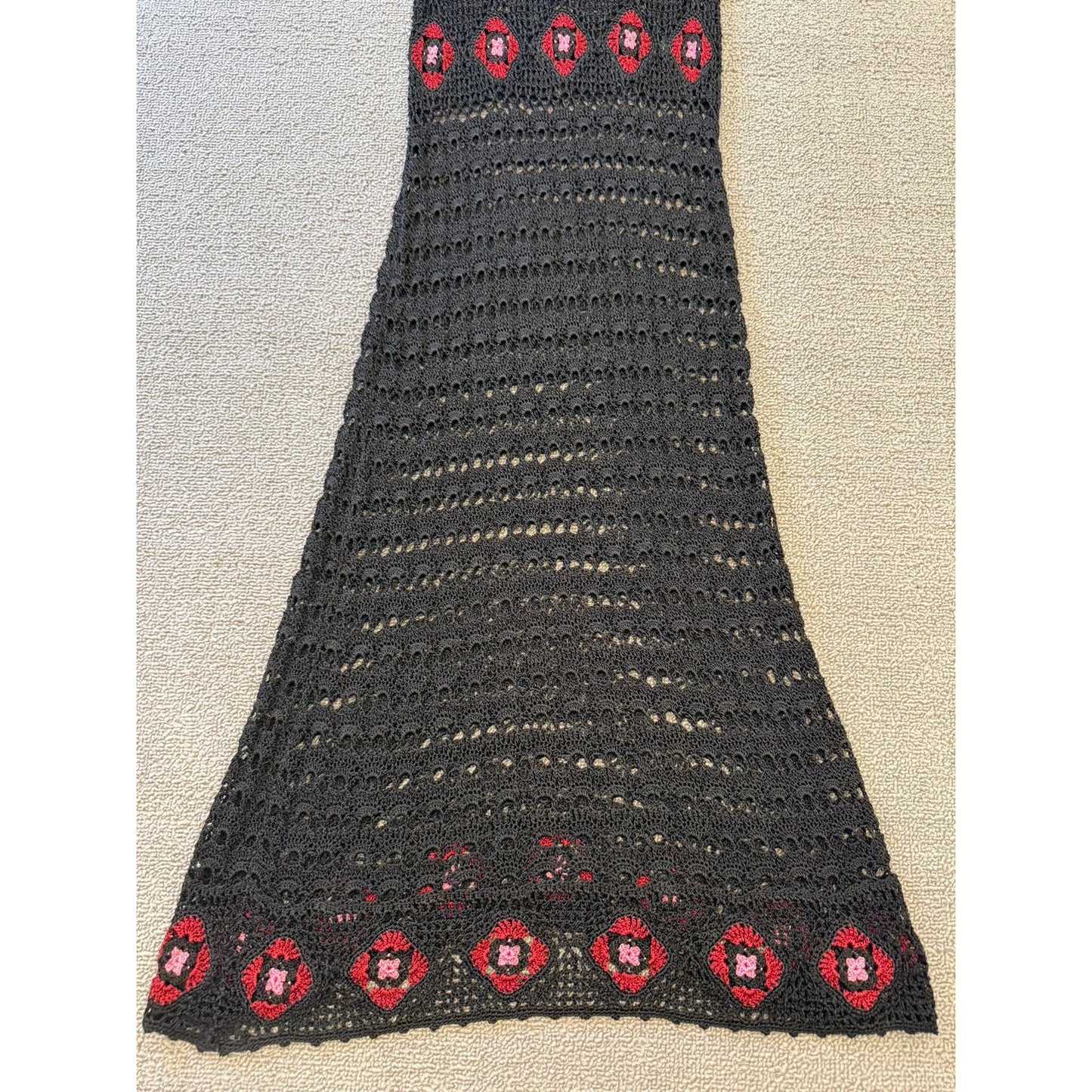 ABS by Allen Schwartz Crochet Small Maxi Dress Black Red Floral Boho